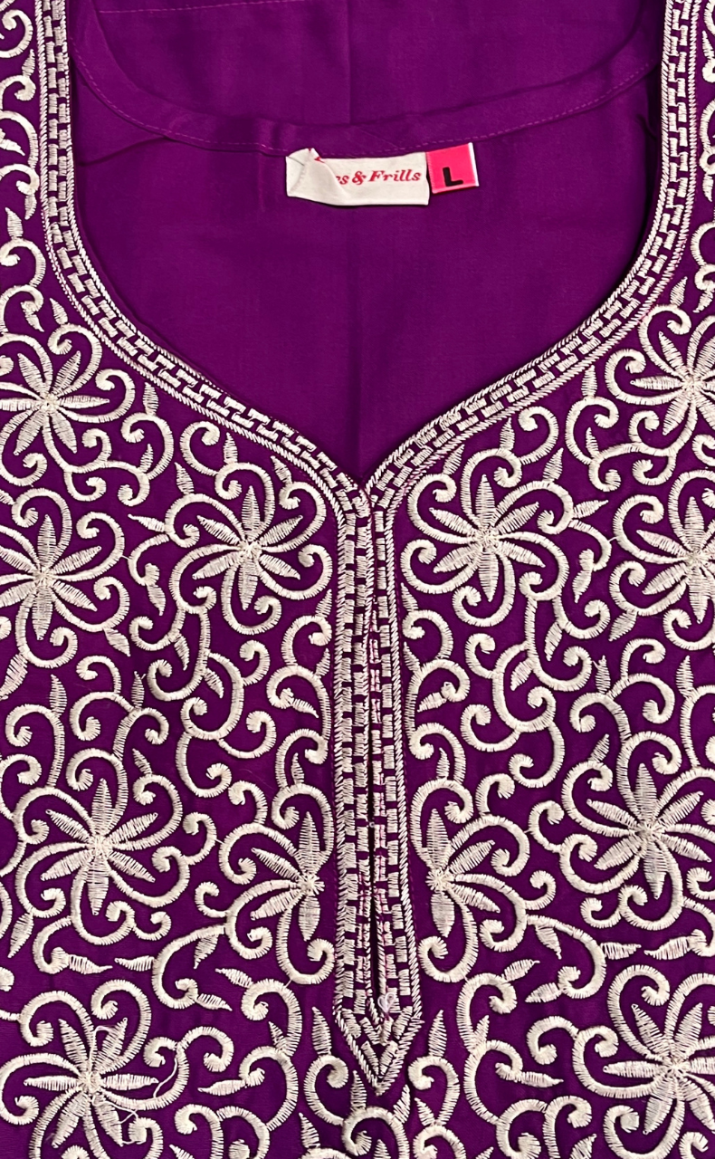 Purple Lucknowi Embroidery Soft Cotton Nighty. Soft Breathable Fabric | Laces and Frills