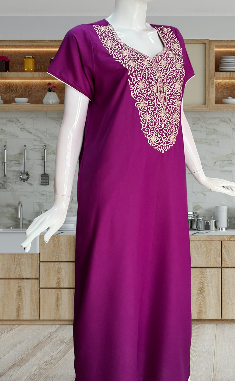 Purple Lucknowi Embroidery Soft Cotton Nighty. Soft Breathable Fabric | Laces and Frills
