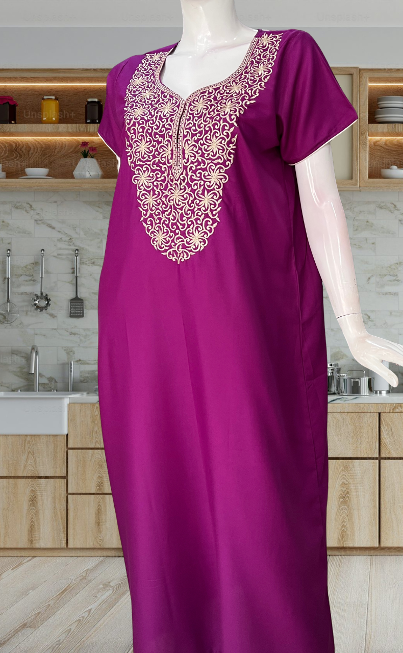 Purple Lucknowi Embroidery Soft Cotton Nighty. Soft Breathable Fabric | Laces and Frills
