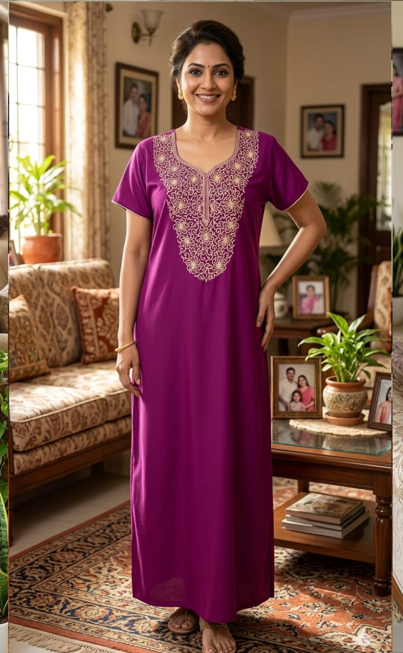 Purple Lucknowi Embroidery Soft Cotton Nighty. Soft Breathable Fabric | Laces and Frills