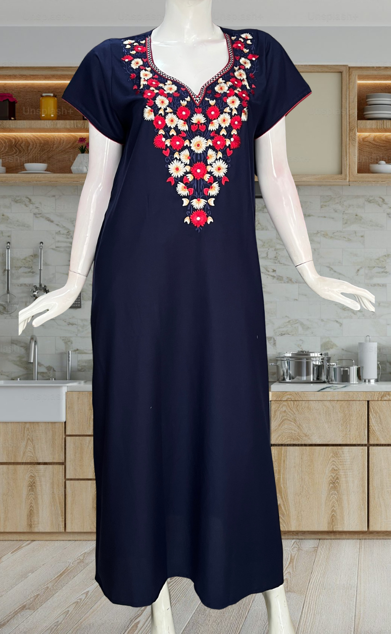 Navy Blue Kashmiri Embroidery Soft Cotton Nighty. Soft Breathable Fabric | Laces and Frills