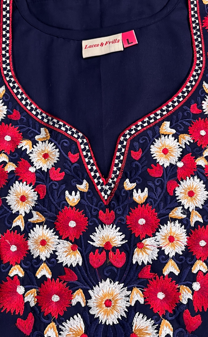 Navy Blue Kashmiri Embroidery Soft Cotton Nighty. Soft Breathable Fabric | Laces and Frills