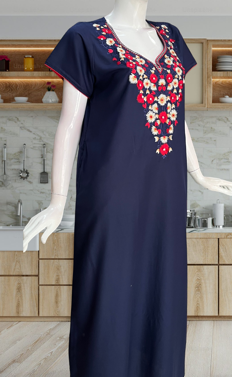 Navy Blue Kashmiri Embroidery Soft Cotton Nighty. Soft Breathable Fabric | Laces and Frills