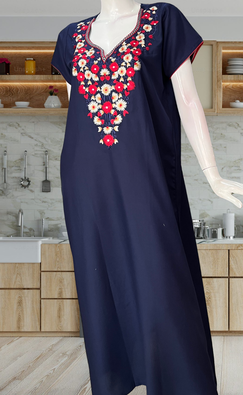 Navy Blue Kashmiri Embroidery Soft Cotton Nighty. Soft Breathable Fabric | Laces and Frills