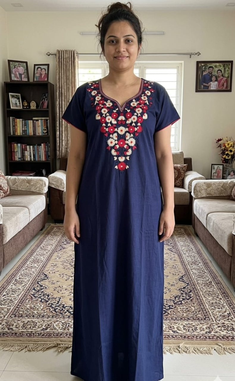 Navy Blue Kashmiri Embroidery Soft Cotton Nighty. Soft Breathable Fabric | Laces and Frills