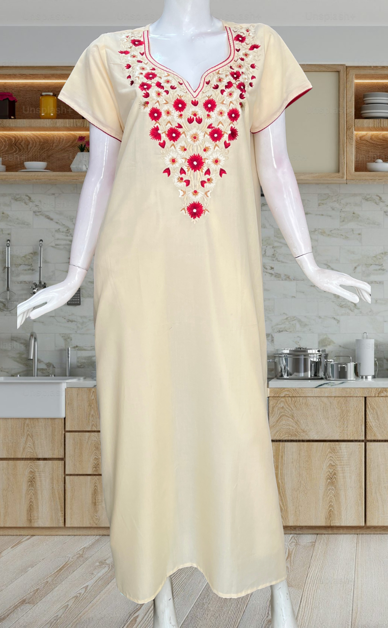 Ivory Kashmiri Embroidery Soft Cotton Nighty. Soft Breathable Fabric | Laces and Frills