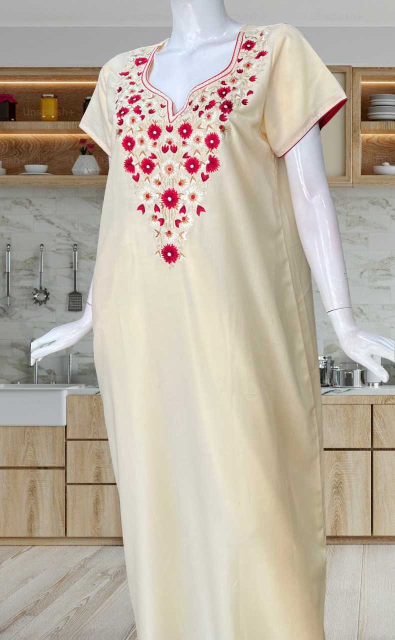 Ivory Kashmiri Embroidery Soft Cotton Nighty. Soft Breathable Fabric | Laces and Frills