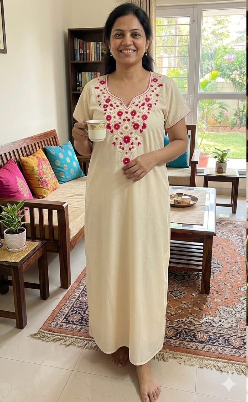 Ivory Kashmiri Embroidery Soft Cotton Nighty. Soft Breathable Fabric | Laces and Frills