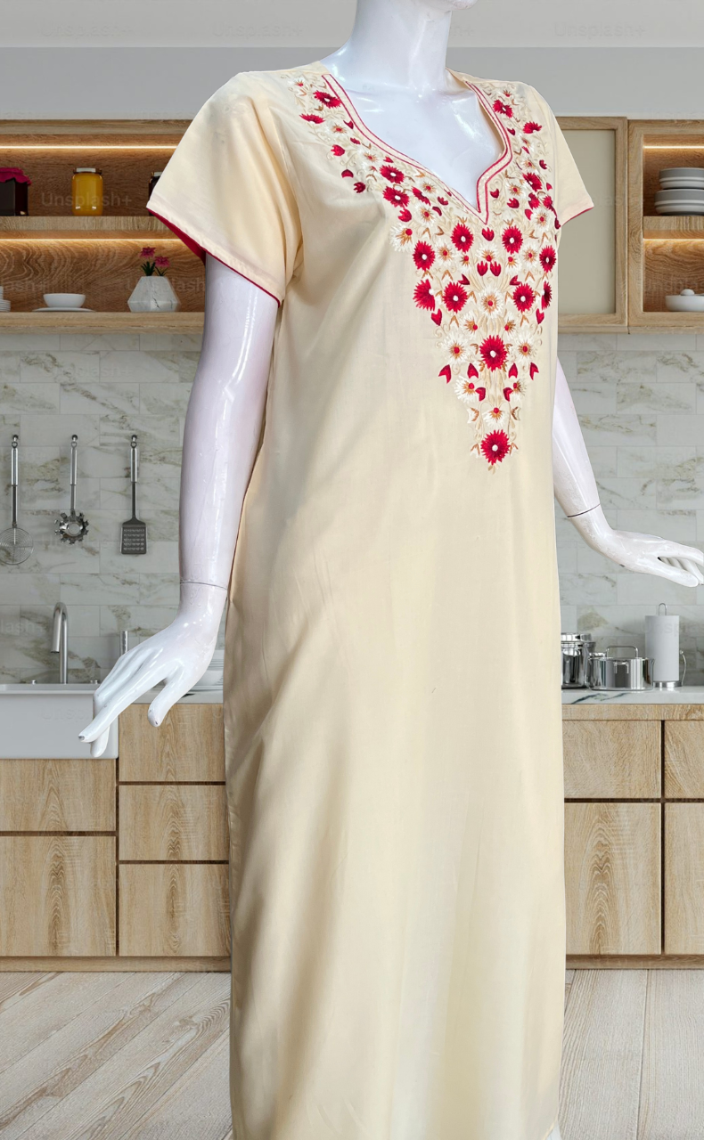 Ivory Kashmiri Embroidery Soft Cotton Nighty. Soft Breathable Fabric | Laces and Frills