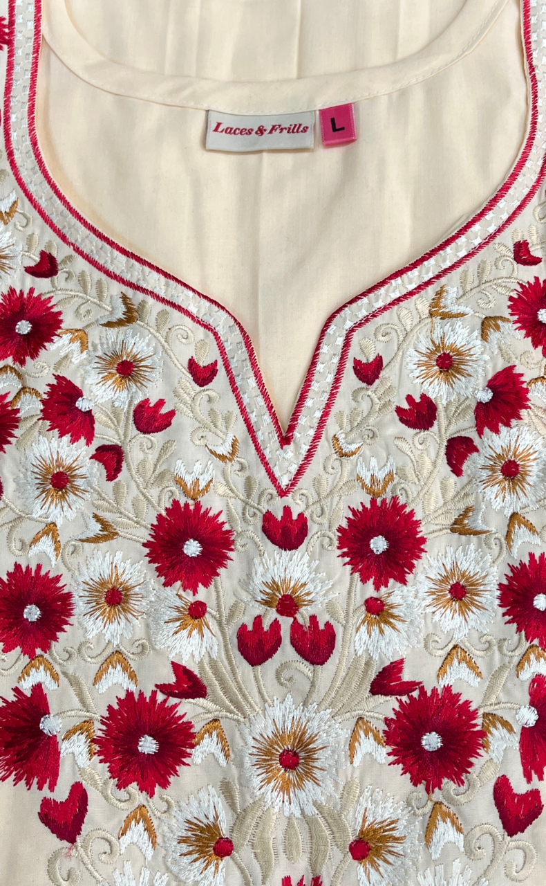 Ivory Kashmiri Embroidery Soft Cotton Nighty. Soft Breathable Fabric | Laces and Frills