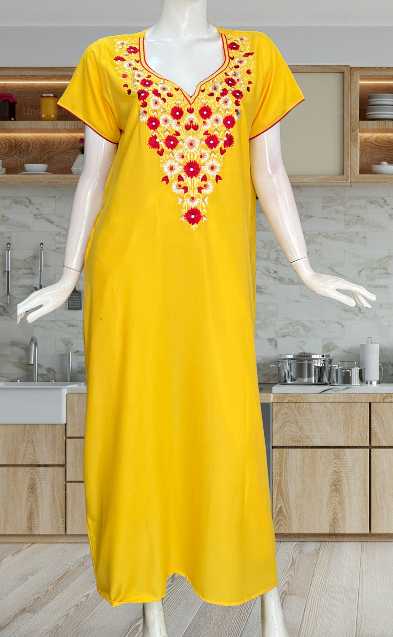 Yellow Kashmiri Embroidery Soft Cotton Nighty. Soft Breathable Fabric | Laces and Frills