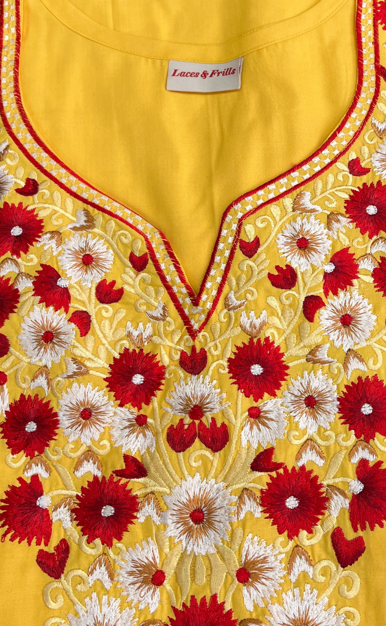 Yellow Kashmiri Embroidery Soft Cotton Nighty. Soft Breathable Fabric | Laces and Frills