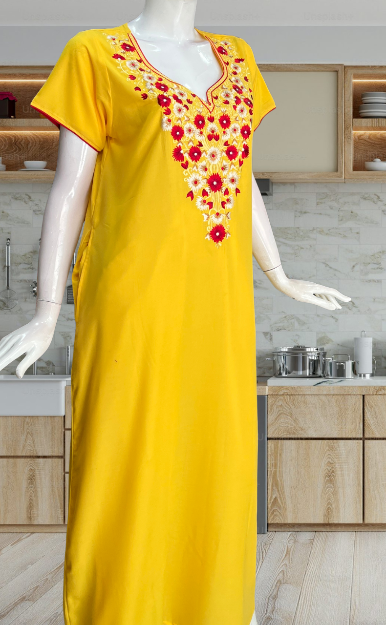 Yellow Kashmiri Embroidery Soft Cotton Nighty. Soft Breathable Fabric | Laces and Frills