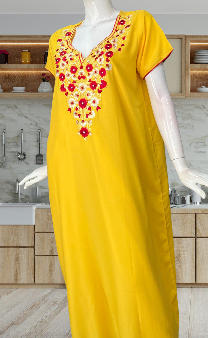 Yellow Kashmiri Embroidery Soft Cotton Nighty. Soft Breathable Fabric | Laces and Frills