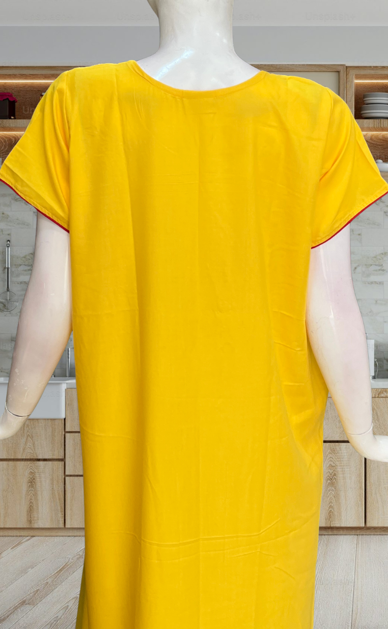 Yellow Kashmiri Embroidery Soft Cotton Nighty. Soft Breathable Fabric | Laces and Frills