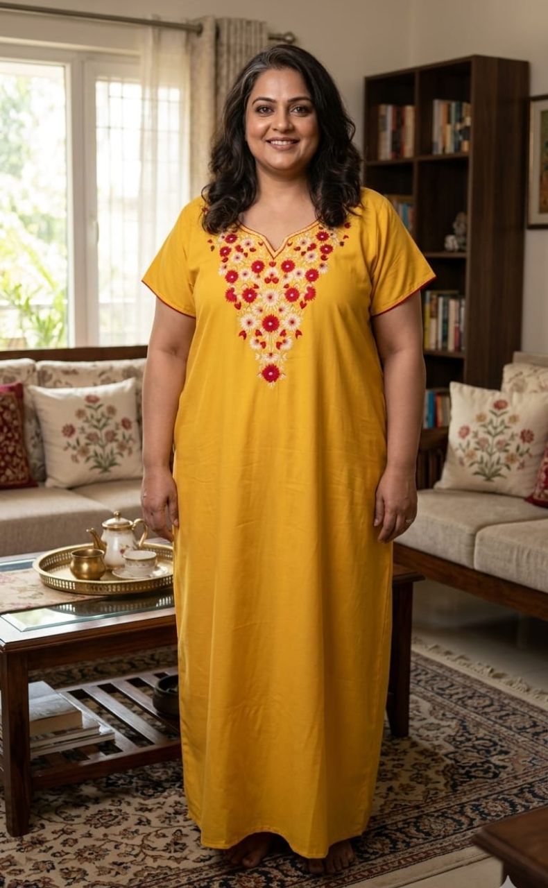 Yellow Kashmiri Embroidery Soft Cotton Nighty. Soft Breathable Fabric | Laces and Frills