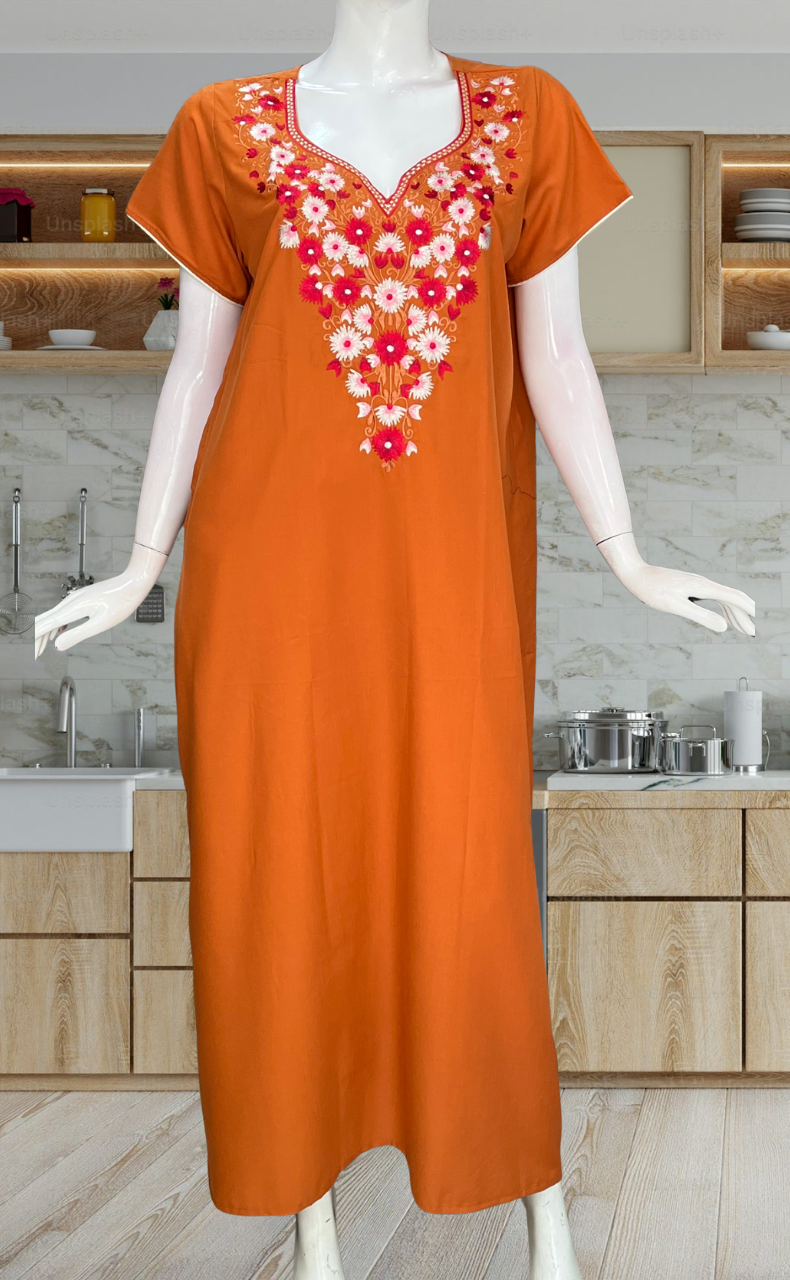 Cinnamon Colour Kashmiri Embroidery Soft Cotton Nighty. Soft Breathable Fabric | Laces and Frills