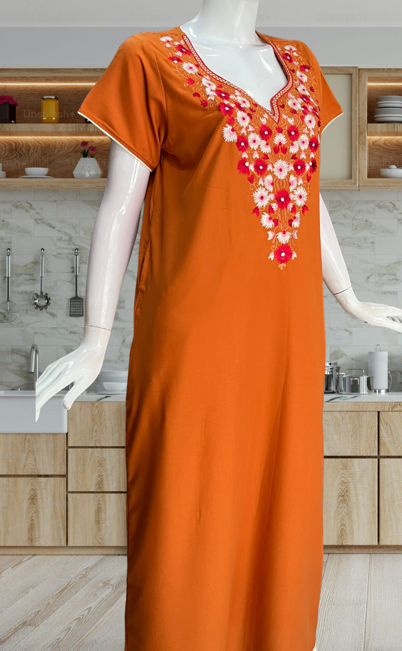 Cinnamon Colour Kashmiri Embroidery Soft Cotton Nighty. Soft Breathable Fabric | Laces and Frills