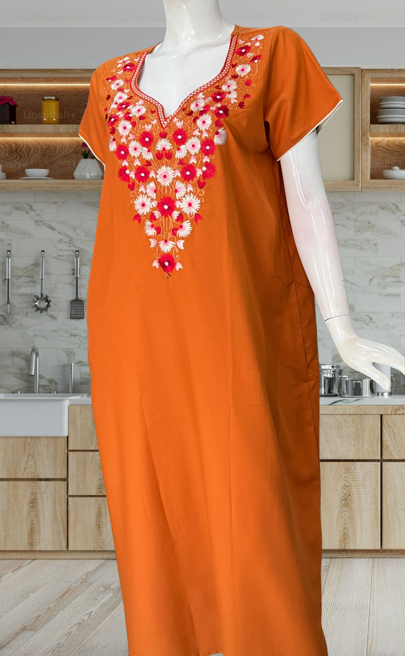 Cinnamon Colour Kashmiri Embroidery Soft Cotton Nighty. Soft Breathable Fabric | Laces and Frills