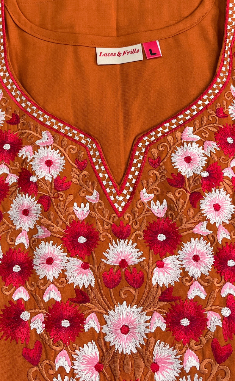 Cinnamon Colour Kashmiri Embroidery Soft Cotton Nighty. Soft Breathable Fabric | Laces and Frills