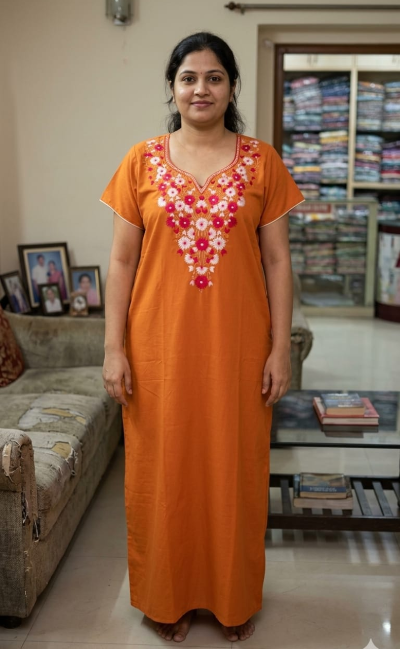 Cinnamon Colour Kashmiri Embroidery Soft Cotton Nighty. Soft Breathable Fabric | Laces and Frills
