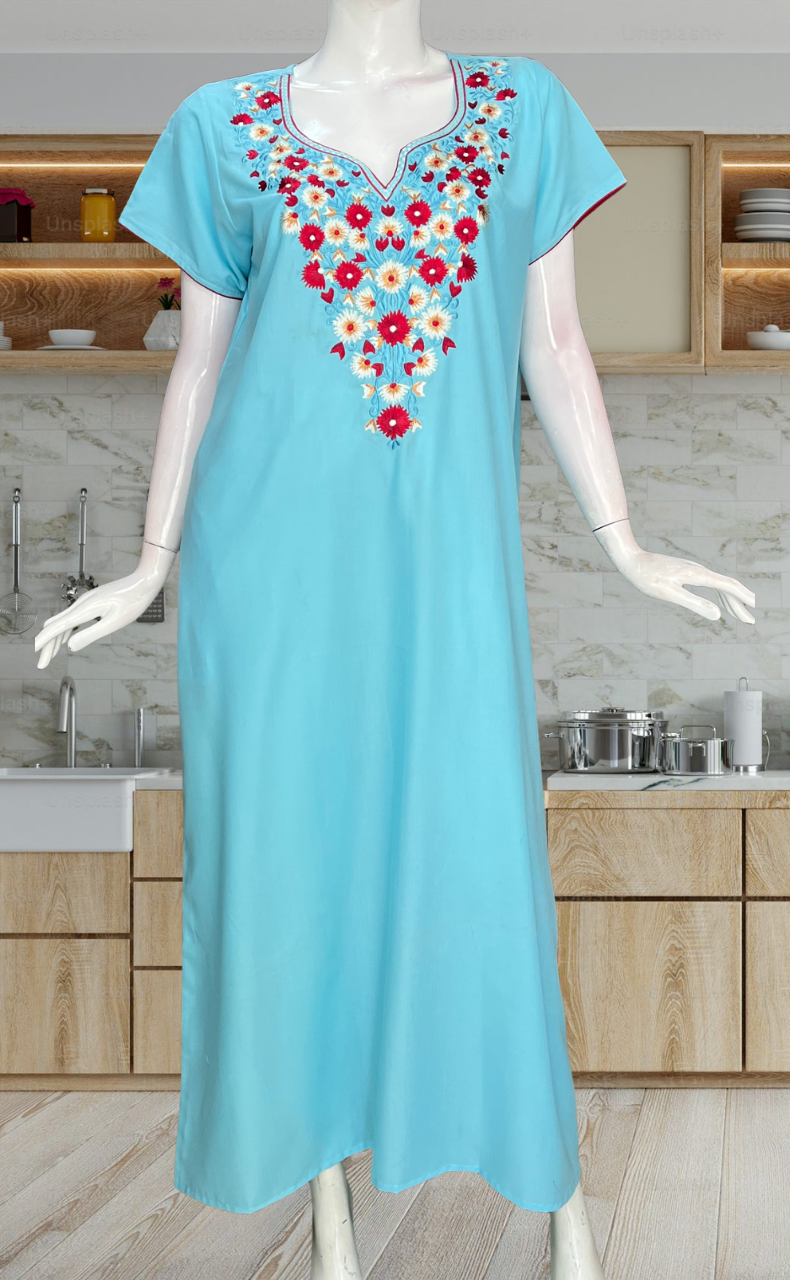 Electric Blue Kashmiri Embroidery Soft Cotton Nighty. Soft Breathable Fabric | Laces and Frills
