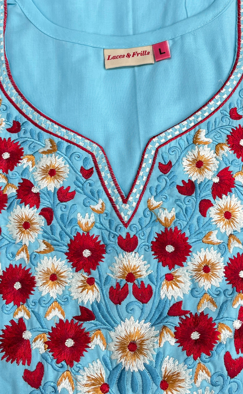 Electric Blue Kashmiri Embroidery Soft Cotton Nighty. Soft Breathable Fabric | Laces and Frills