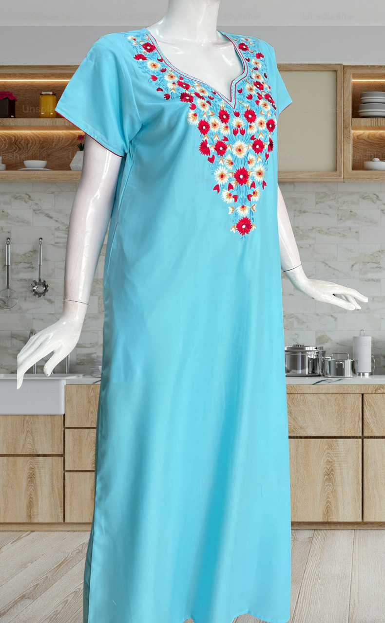 Electric Blue Kashmiri Embroidery Soft Cotton Nighty. Soft Breathable Fabric | Laces and Frills