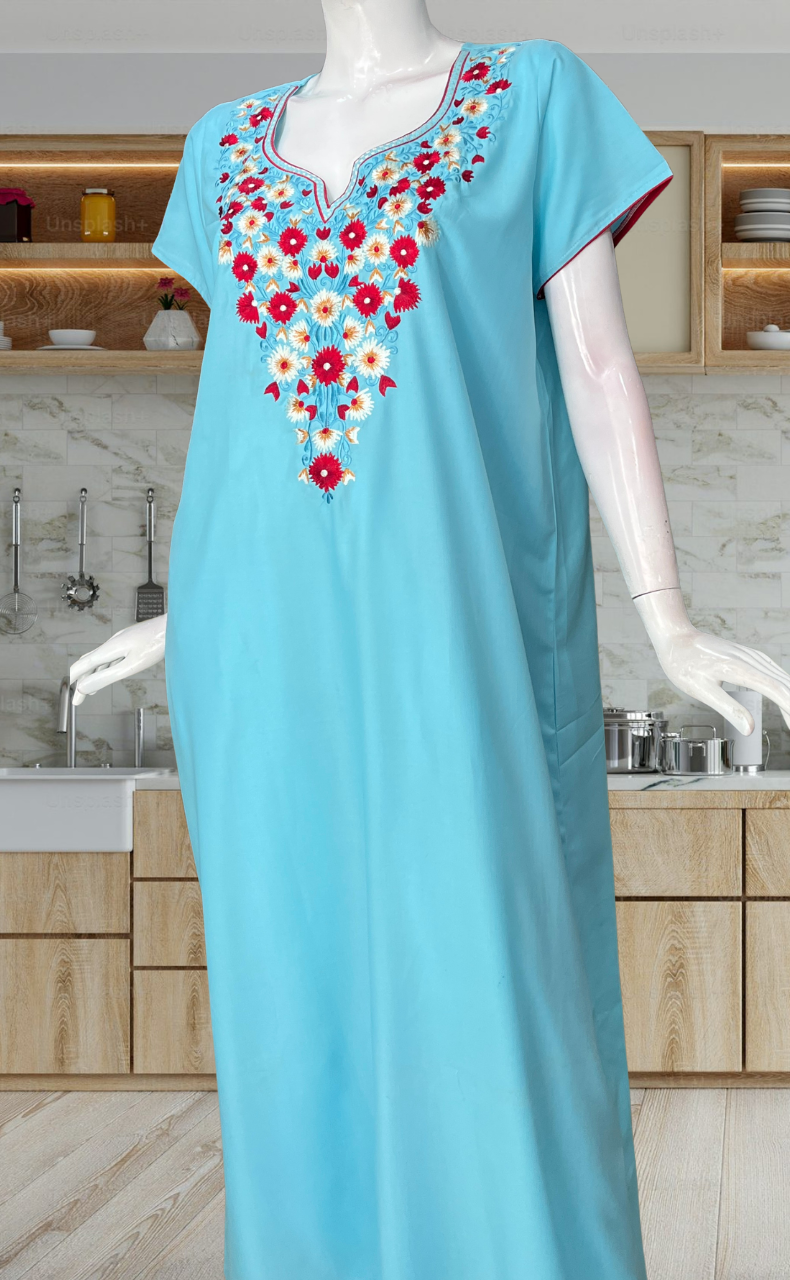 Electric Blue Kashmiri Embroidery Soft Cotton Nighty. Soft Breathable Fabric | Laces and Frills