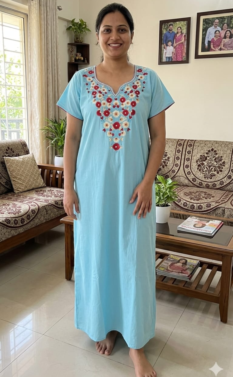 Electric Blue Kashmiri Embroidery Soft Cotton Nighty. Soft Breathable Fabric | Laces and Frills