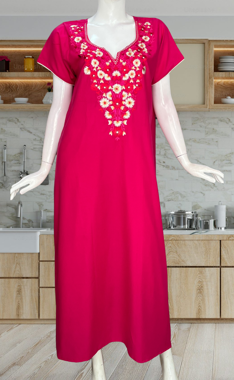 Hot Pink Kashmiri Embroidery Soft Cotton Nighty. Soft Breathable Fabric | Laces and Frills