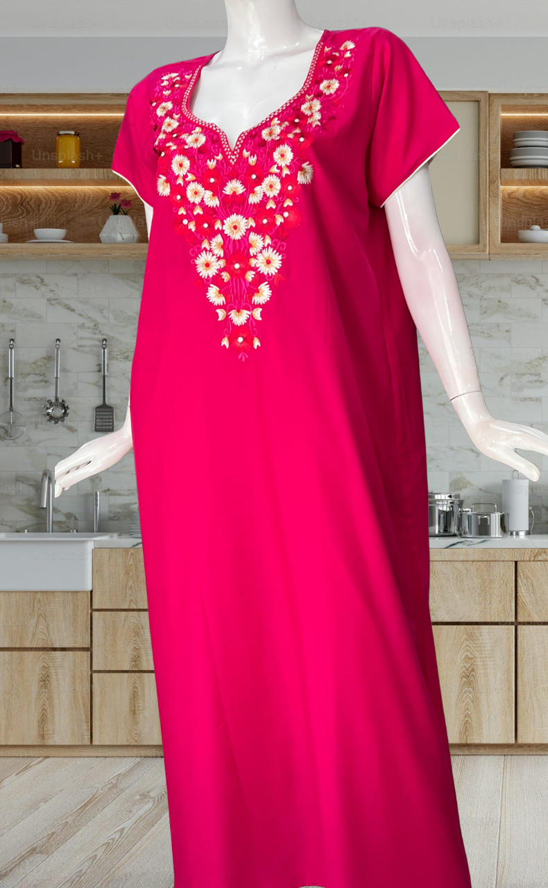 Hot Pink Kashmiri Embroidery Soft Cotton Nighty. Soft Breathable Fabric | Laces and Frills