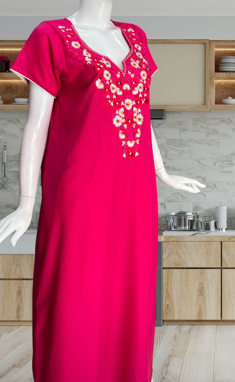 Hot Pink Kashmiri Embroidery Soft Cotton Nighty. Soft Breathable Fabric | Laces and Frills