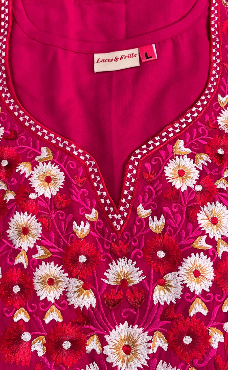 Hot Pink Kashmiri Embroidery Soft Cotton Nighty. Soft Breathable Fabric | Laces and Frills