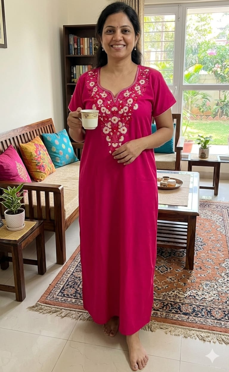Hot Pink Kashmiri Embroidery Soft Cotton Nighty. Soft Breathable Fabric | Laces and Frills