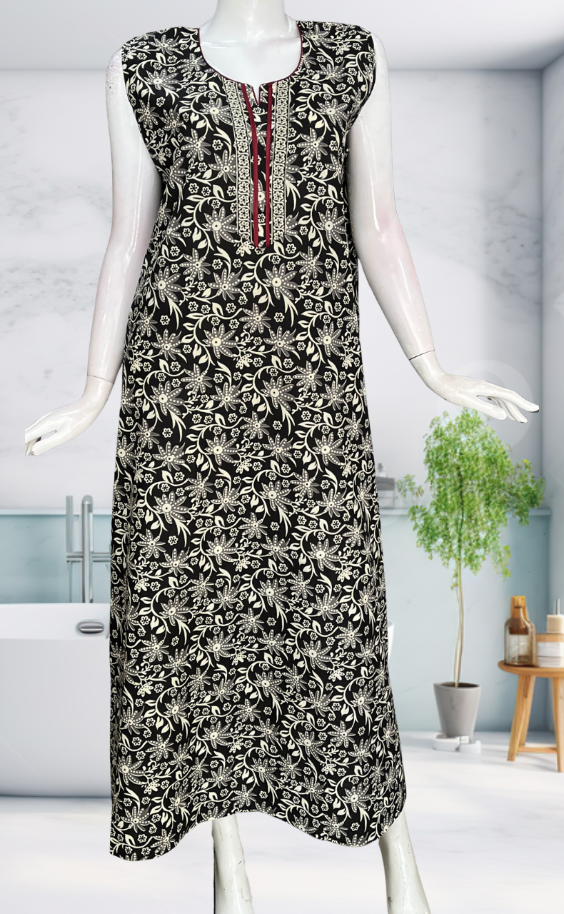 Black Garden Sleeveless Pure Cotton Nighty. Pure Durable Cotton | Laces and Frills