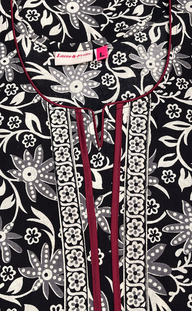Black Garden Sleeveless Pure Cotton Nighty. Pure Durable Cotton | Laces and Frills