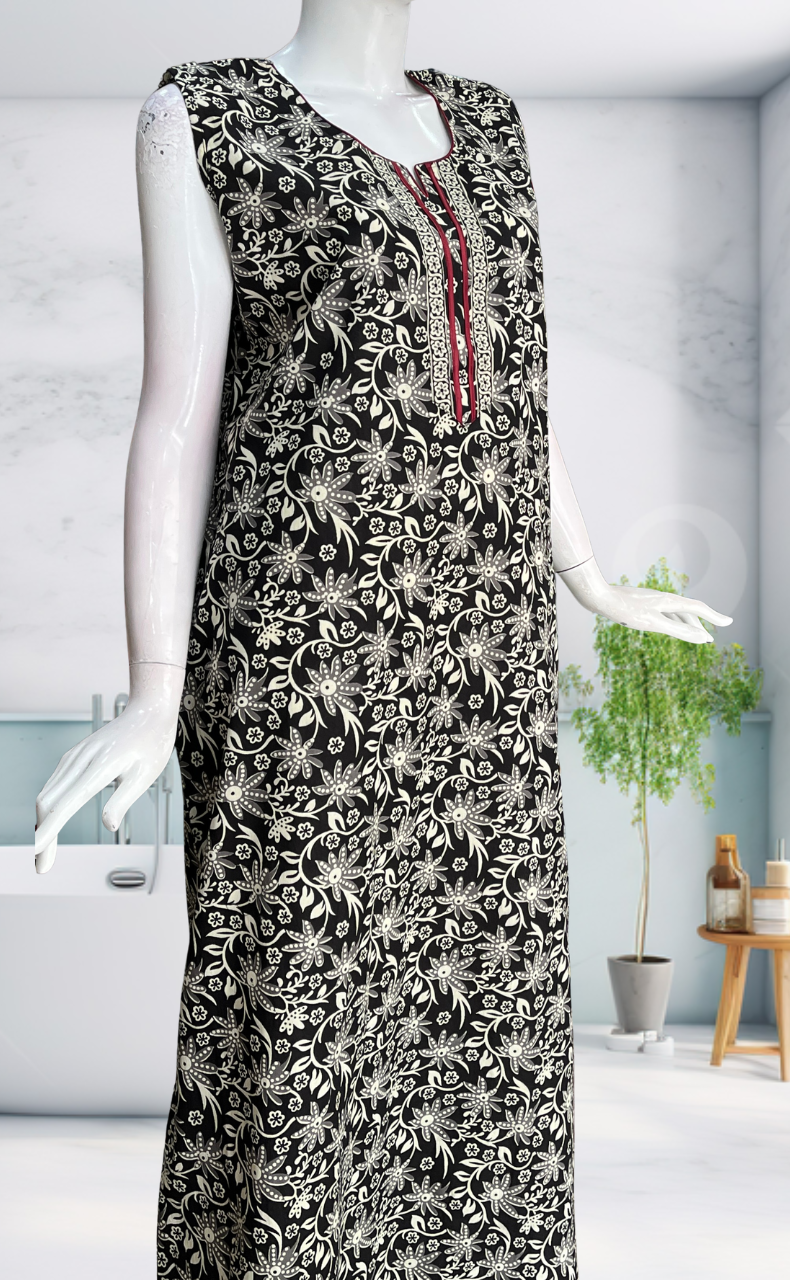Black Garden Sleeveless Pure Cotton Nighty. Pure Durable Cotton | Laces and Frills