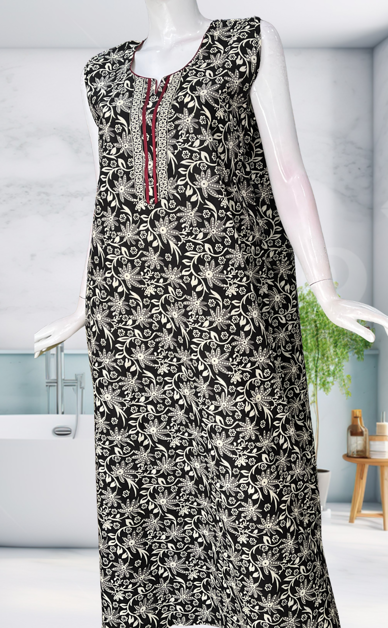 Black Garden Sleeveless Pure Cotton Nighty. Pure Durable Cotton | Laces and Frills