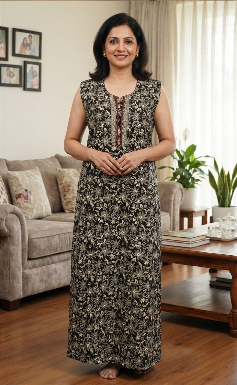 Black Garden Sleeveless Pure Cotton Nighty. Pure Durable Cotton | Laces and Frills