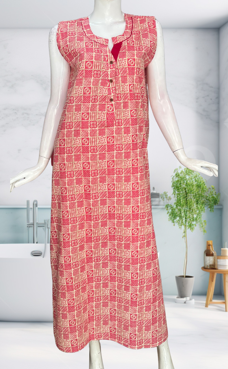 Pink Abstract Sleeveless Pure Cotton Nighty. Pure Durable Cotton | Laces and Frills