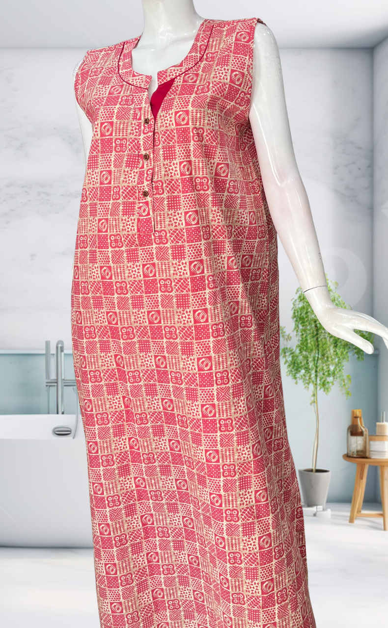 Pink Abstract Sleeveless Pure Cotton Nighty. Pure Durable Cotton | Laces and Frills