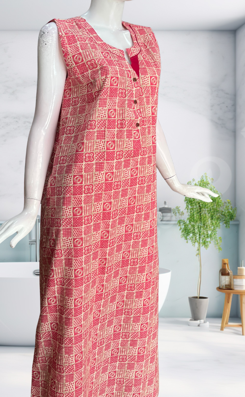 Pink Abstract Sleeveless Pure Cotton Nighty. Pure Durable Cotton | Laces and Frills