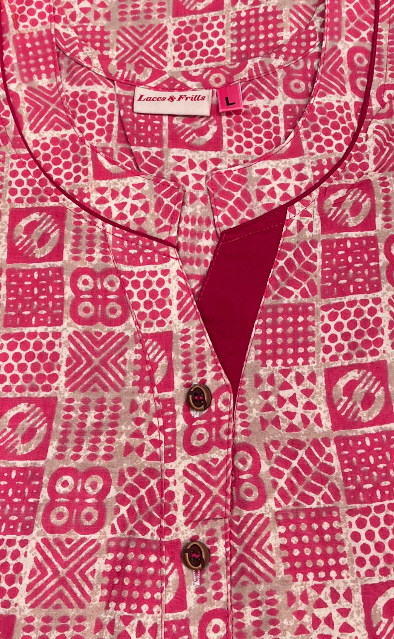 Pink Abstract Sleeveless Pure Cotton Nighty. Pure Durable Cotton | Laces and Frills