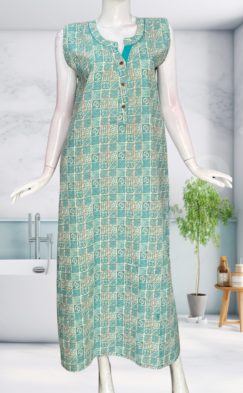 Sea Green Abstract Sleeveless Pure Cotton Nighty. Pure Durable Cotton | Laces and Frills