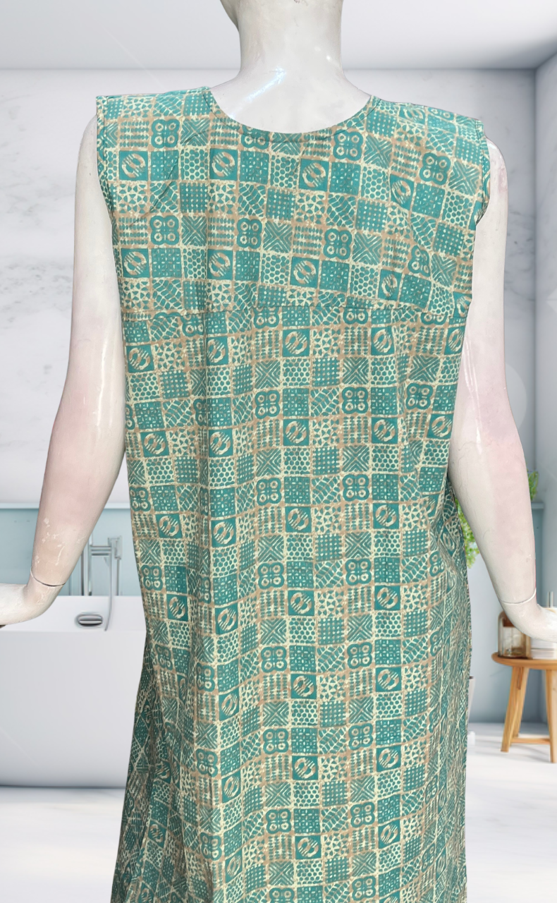 Sea Green Abstract Sleeveless Pure Cotton Nighty. Pure Durable Cotton | Laces and Frills