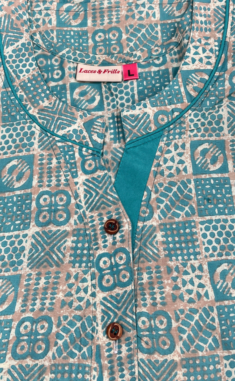 Sea Green Abstract Sleeveless Pure Cotton Nighty. Pure Durable Cotton | Laces and Frills