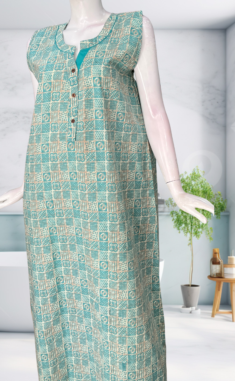 Sea Green Abstract Sleeveless Pure Cotton Nighty. Pure Durable Cotton | Laces and Frills