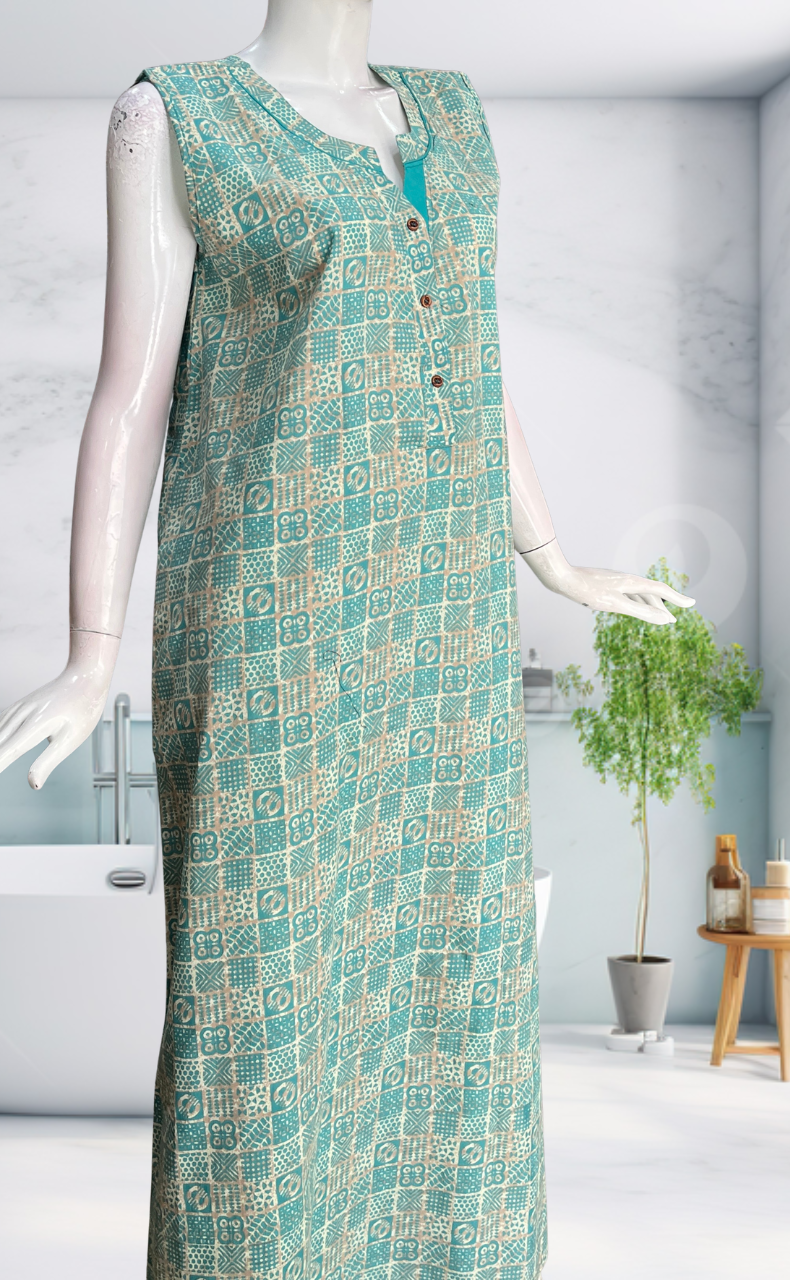 Sea Green Abstract Sleeveless Pure Cotton Nighty. Pure Durable Cotton | Laces and Frills