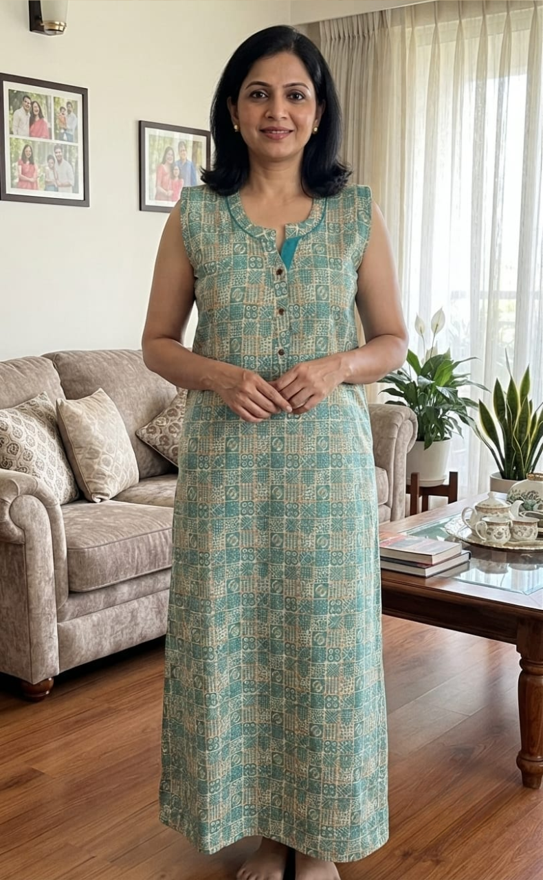 Sea Green Abstract Sleeveless Pure Cotton Nighty. Pure Durable Cotton | Laces and Frills